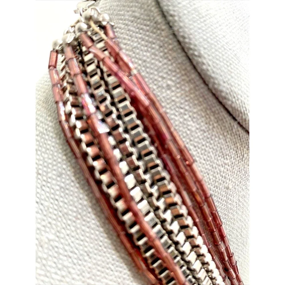 Jessica Simpson Multi Strand Choker Necklace Purple Bead Silver Tone Chain 16